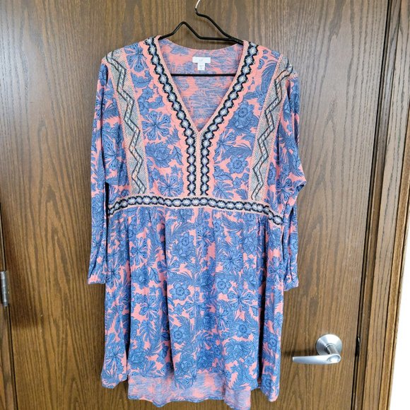 J. Jill Blue and Coral Fall Floral Embroidered Long Sleeve Dress Size Medium - Picture 13 of 16